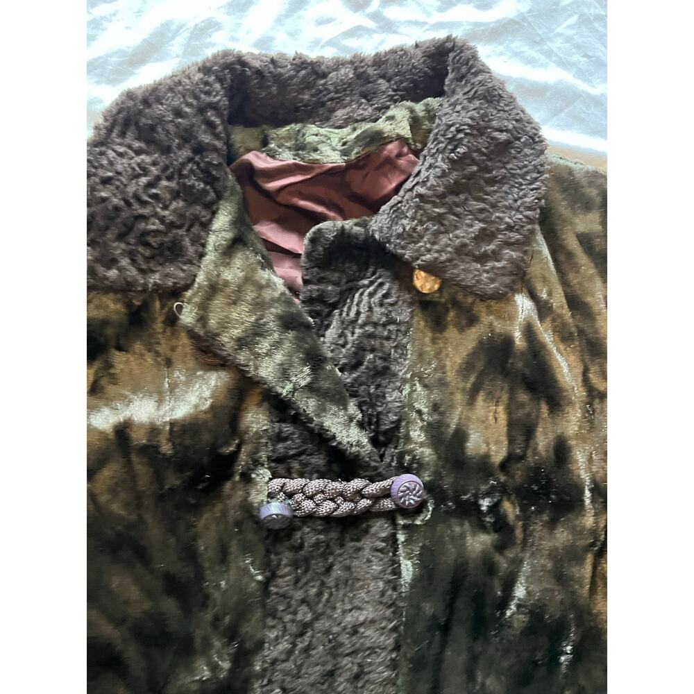 Vtg 60s Mod Penny Lane Faux Fur Coat Olive Green Persian Lamb Trim ILGWU Medium - Picture 4 of 11